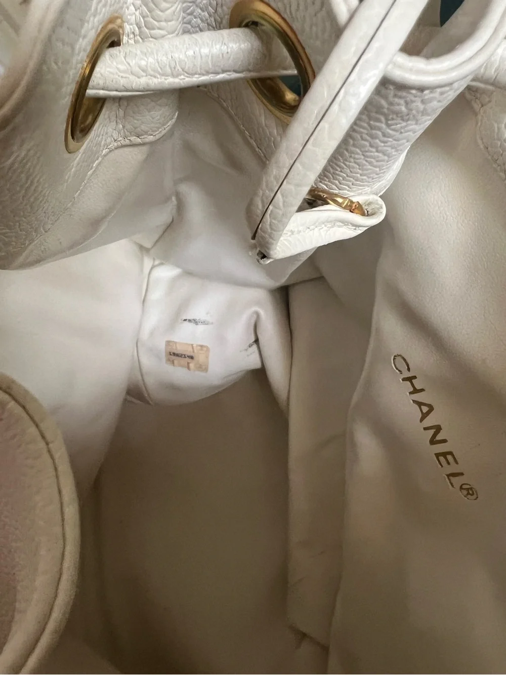 Vintage CHANEL Timeless Drawstring Sling Crossbody Backpack Caviar Medium White